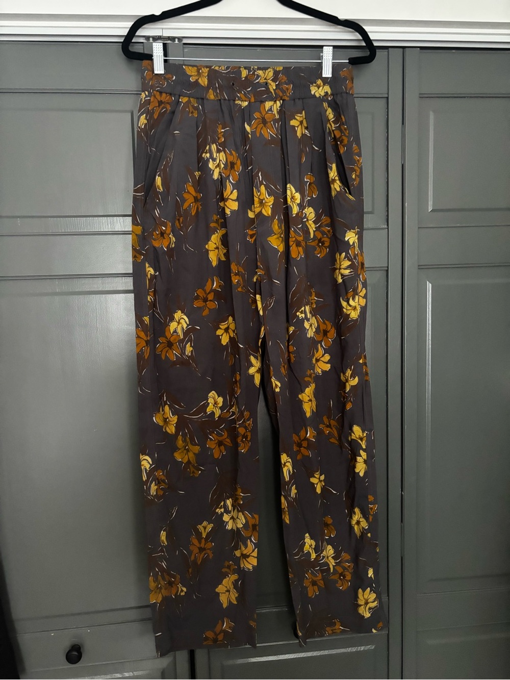 Nanushka Dark Gray Floral Wide-Leg Pants with Mustard Yellow Flowers